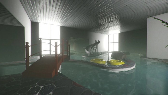 Un pont rouge, des flotteurs jaunes et un toboggan aquatique dans une salle du parc aquatique d'Anemoiapolis : Chapitre 1.