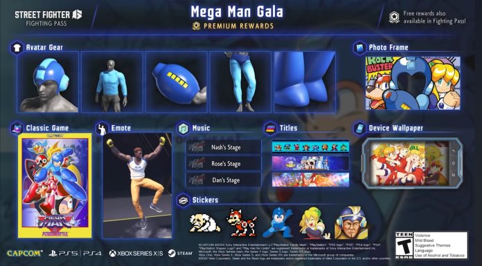 Street Fighter 6 Mega-Man Gala Fighting Pass toont alle beloningen die je kunt krijgen