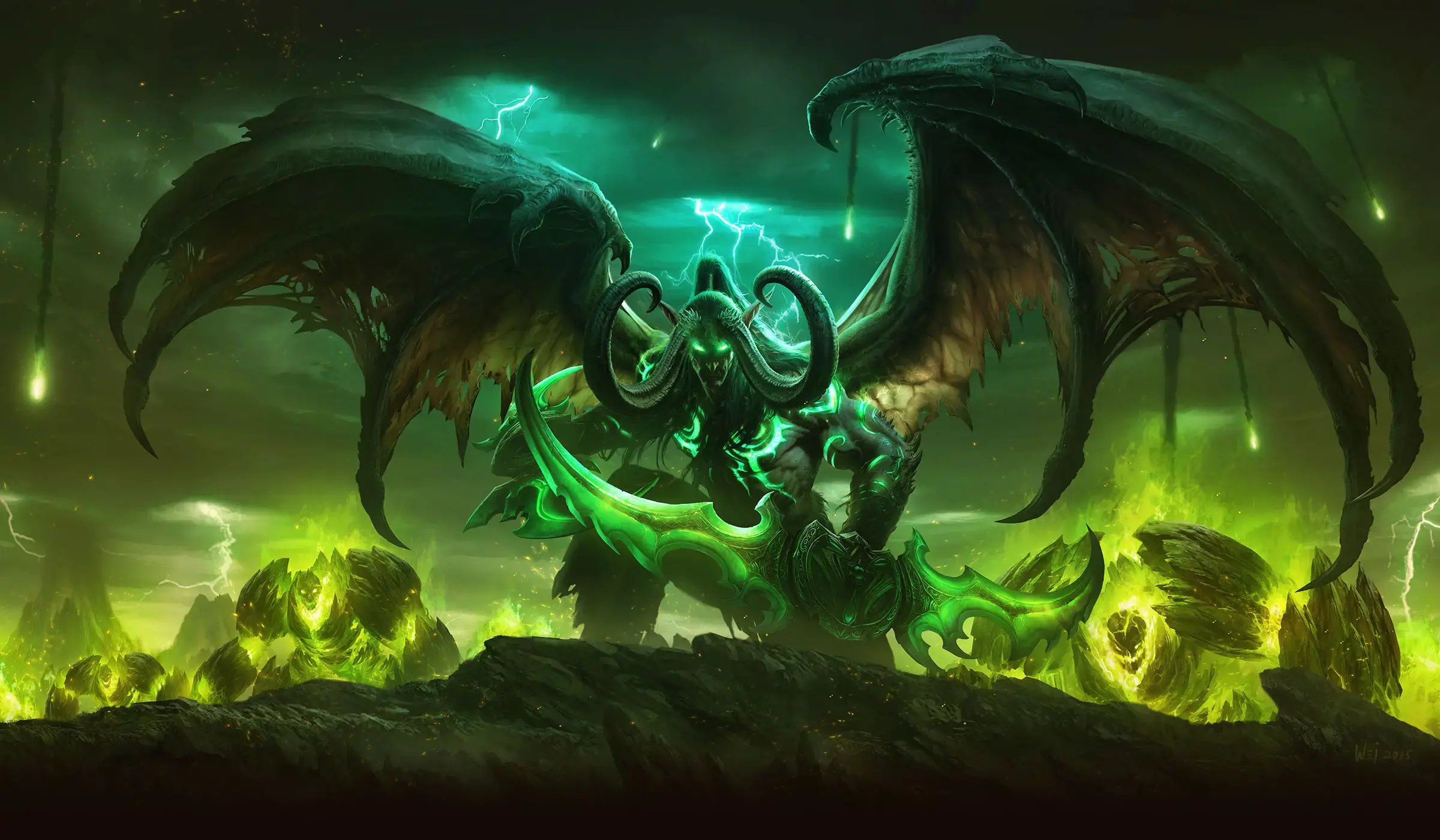 Illidan sous sa forme démoniaque devant trois bêtes infernales