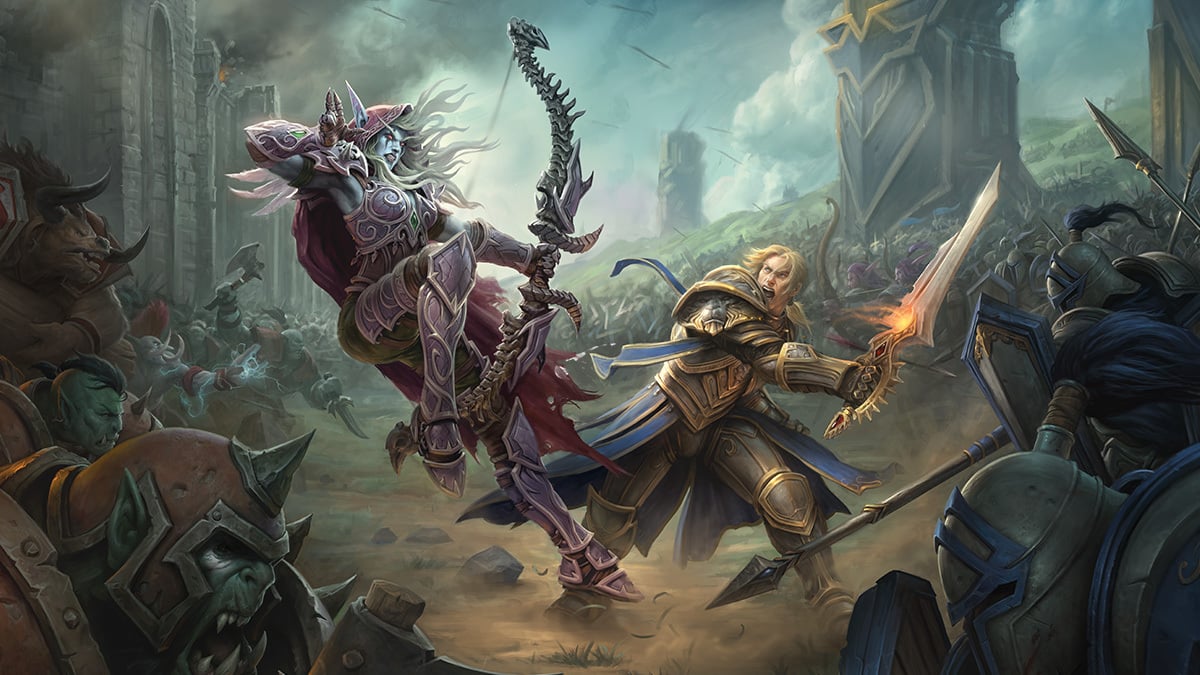 Sylvanas et Anduin Wrynn se battent entre les guerriers de la Horde et de l'Alliance.