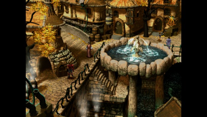 L'entrée de la ville de Bale dans The Legend of Dragoon.  Cette image met en évidence un nouveau bug visuel dans le jeu, un ensemble de pixels verts apparaissant en bas à gauche de l'écran.
