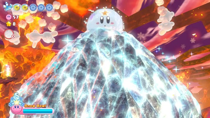 Kirby se reposant au sommet d'un volcan en utilisant la super capacité Snow Bowl, le gelant solidement.