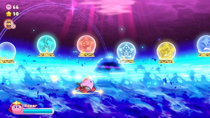 Kirby se trouve dans une zone d'énergie bleue fluide avec de nombreuses capacités de copie disponibles au choix.