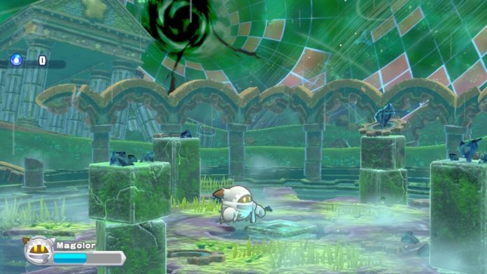 Magolor se trouve dans l'étrange dimension dans laquelle il est piégé pendant l'épilogue de Magolor dans Kirby's Return to Dream Land Deluxe pour Nintendo Switch.