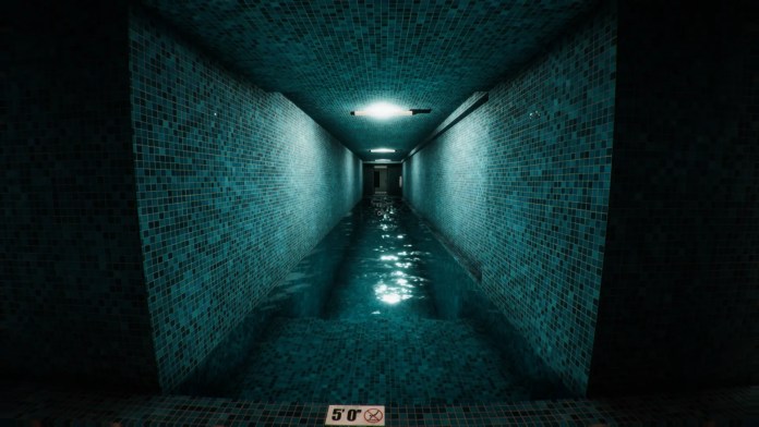 Un couloir sombre à Anemoiapolis : Chapitre 1 rempli d'eau avec des murs, des sols et des plafonds carrelés.