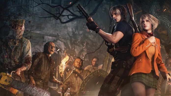 Art promotionnel pour le remake de Resident Evil 4 de Capcom mettant en vedette Leon et Ashley acculés par Los Ganados et le Dr Salvador