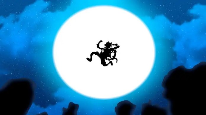 Luffy's Gear 5 de One Piece devant la lune.