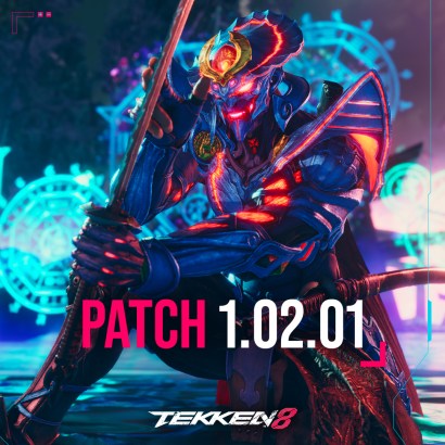 Photo publicitaire officielle de Bandai Namco pour le patch 1.02.01 de Tekken 8, sur laquelle Yoshimitsu pose derrière l'édition du patch