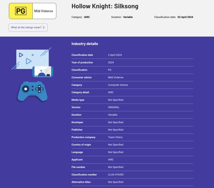 Hollow Knight : évaluation de Silksong en Australie